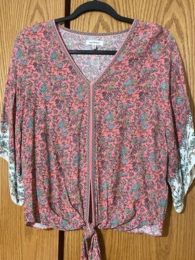 Max Studio Coral Pink Floral Tie-Front V-Neck Blouse